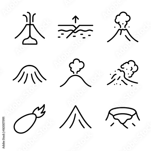 Volcanic Geology Icons. Outline icon set of volcanic geology: magma chamber, tectonic plates, volcanic ash, lava dome, fumarole,