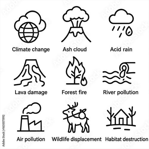 Volcanic Eruption Icons. Outline icon set of volcanic eruption effects on environment: climate change, ash cloud, acid rain, lava