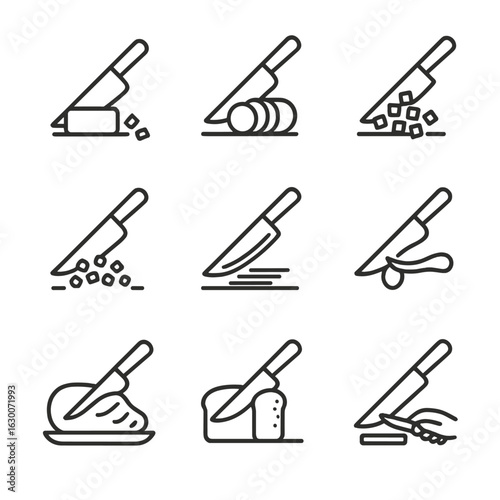Knife Cutting Icons. Outline icon set of knife cutting actions: chopping, slicing, dicing, mincing, julienne cut, peeling, carving