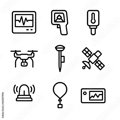 Volcanic Monitoring Icons. Outline icon set of volcanic monitoring equipment: seismograph, thermal camera, gas sensor, drone, GPS