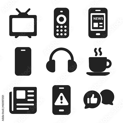News Consumption Icons. Solid, filled icons set of news consumption: television screen, remote control, news