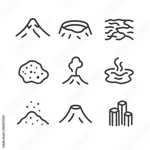 Volcanic Terrain Icons. Outline icon set of volcanic terrain: mountain peak, crater lake, lava field, volcanic rock, steam vent,