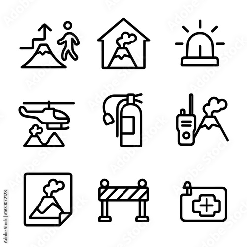 Volcano Emergency Icons. Outline icon set of volcanic cone emergency response: evacuation route, emergency shelter, warning siren,