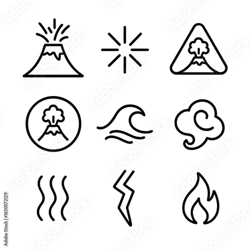 Volcano Icons Set. Outline icon set of volcanic eruption symbols: volcano icon, explosion mark, hazard triangle, warning circle,
