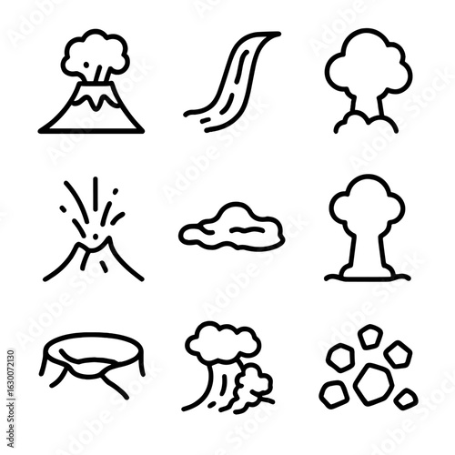 Volcano Icon Set. Outline icon set of volcanic activity: erupting volcano, lava stream, ash cloud, volcanic explosion, molten lava