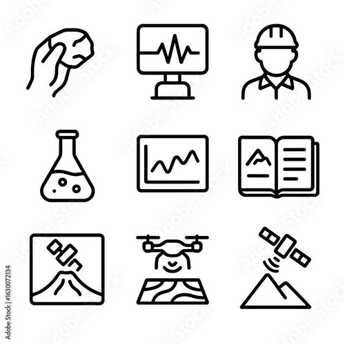 Volcanic Study Icons. Outline icon set of volcanic scientific study: rock sampling, seismometer, geologist, laboratory flask, data