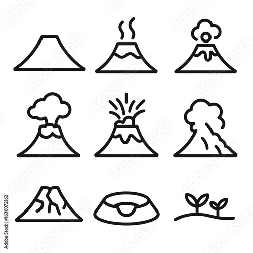 Volcano Eruption Stages. Outline icon set of volcanic eruption stages: dormant volcano, early steam, lava bubbling, ash plume