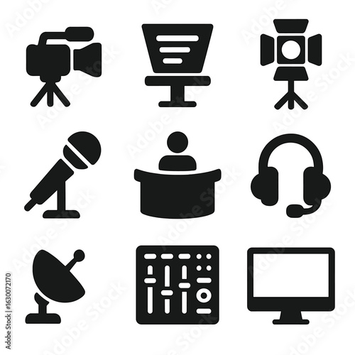 News Equipment Icons. Solid, filled icons set of news broadcasting equipment: camera, teleprompter, studio