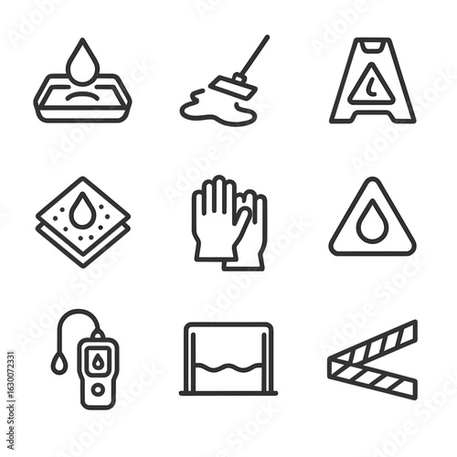 Drip Safety Icons. Outline icon set of drip related safety: drip tray, spill cleanup, caution wet floor sign, absorbent pad,