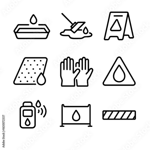 Drip Safety Icons. Outline icon set of drip related safety: drip tray, spill cleanup, caution wet floor sign, absorbent pad,