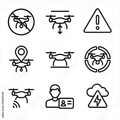 Drone Safety Icons. Outline icon set of drone safety and regulations: no fly zone, altitude limit, warning sign, GPS lock,