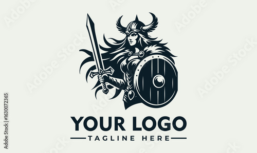 A fierce female Viking warrior logo, wielding a sword and shield, ready for battle.
