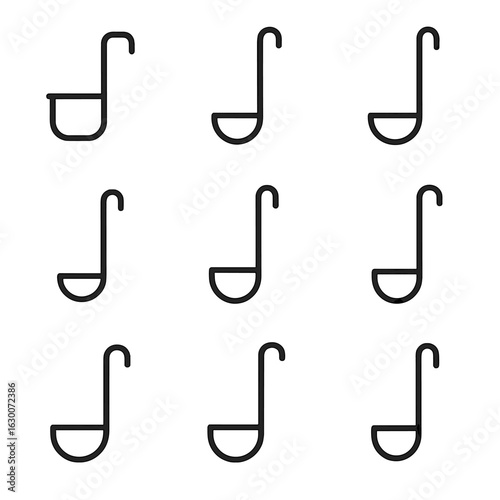 Ladle Icon Set. Outline icon set of commercial ladle tools: industrial ladle, cafeteria ladle, restaurant ladle, food service
