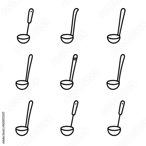 Ladle Icon Set. Outline icon set of ladle materials: metal ladle, wooden ladle, plastic ladle, silicone ladle, bamboo ladle, glass