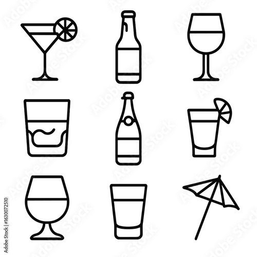 Nightlife Drink Icons. Outline icon set of Nightlife drinks: cocktail glass, beer bottle, wine glass, whiskey