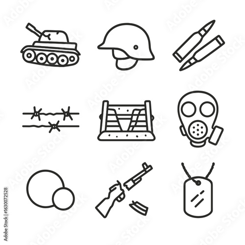 War Relics Icons. Outline icon set of war remains: tank wreck, helmet, bullet casings, barbed wire, trench, gas mask, cannonball,