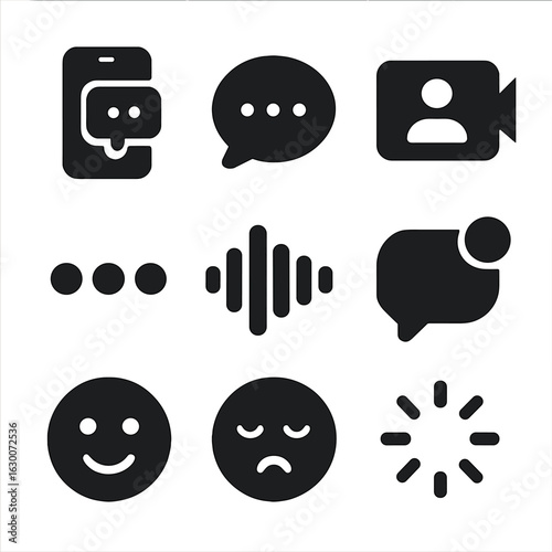 Nighttime Digital Interaction Icons. Solid, filled icons set of night-time digital interaction: chat app,