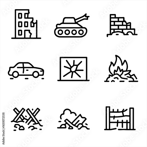 War Ruins Icons. Outline icon set of war ruins: bombed building, broken tank, collapsed wall, destroyed vehicle, shattered glass,