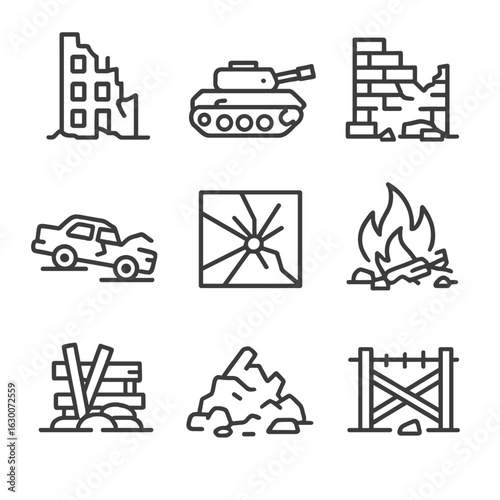 War Ruins Icons. Outline icon set of war ruins: bombed building, broken tank, collapsed wall, destroyed vehicle, shattered glass,
