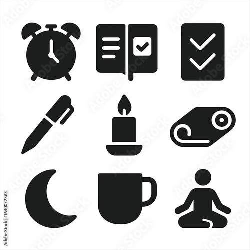 Nighttime Goal Icons. Solid, filled icons set of Setting goals before sleep: alarm clock, planner, checklist,