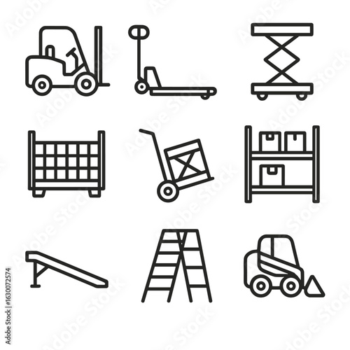 Warehouse Equipment Icons. Outline icon set of warehouse machinery: forklift, pallet jack, hydraulic lift, loading ramp, stacking