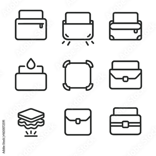 Laptop Bag Icon Set. Outline icon set of laptop bag protection: padded sleeve, impact cushion, anti-theft zipper, waterproof
