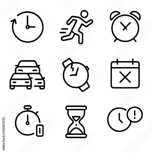 Late Icons Set. Outline icon set of late: clock with delayed time, running person, missed alarm, traffic jam, broken watch,