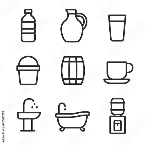 Water Container Icons. Outline icon set of water containers: bottle, jug, glass, bucket, barrel, cup, fountain, bathtub, water