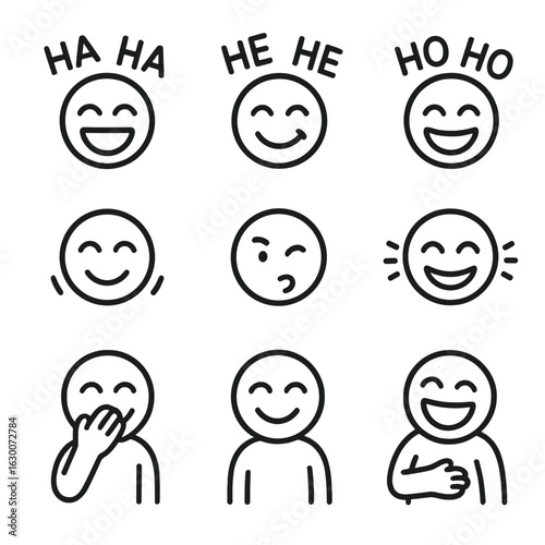 Laughter Icon Set. Outline icon set of laugh in sound effects: ha-ha, he-he, ho-ho, giggle, snort, chuckle, snicker, cackle, belly