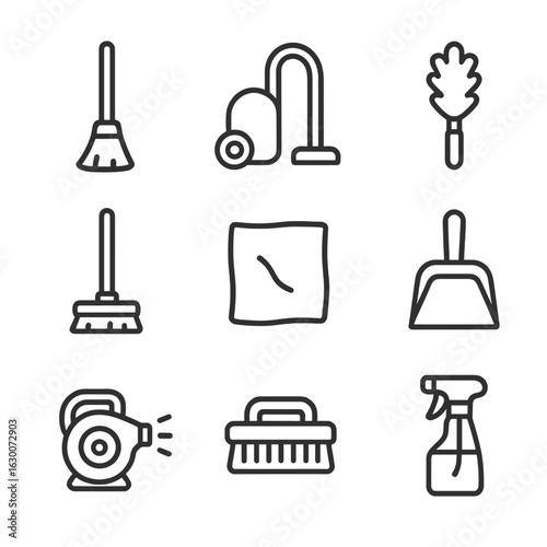 Dust Cleaning Tools. Outline icon set of dust cleaning tools: broom, vacuum cleaner, duster, mop, cleaning cloth, dustpan, air