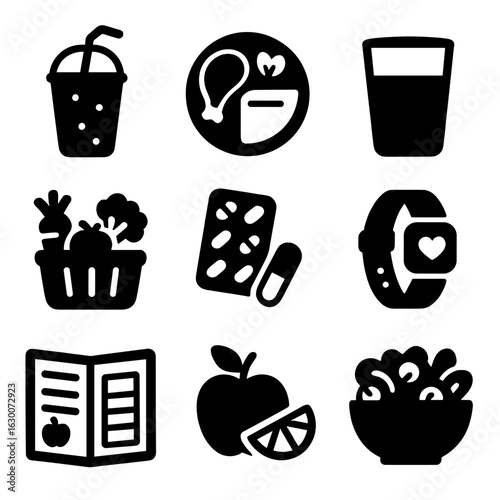 Nutrition Icons Grid. Solid, filled icons set of Nutrition and self-care routine: smoothie, balanced plate,