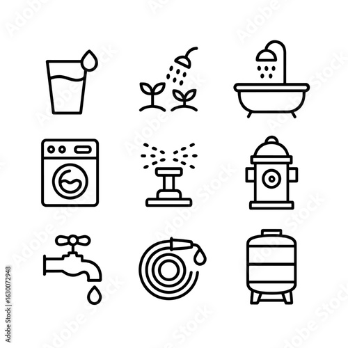 Water Usage Icons. Outline icon set of water usage: drinking water, irrigation, bathing, washing machine, sprinkler, fire hydrant,
