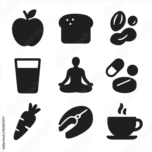 Nutritional Self-Care Icons. Solid, filled icons set of Nutritional self-care habits: apple, whole grain bread
