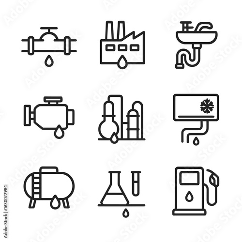 Leak Detection Icons. Outline icon set of leak detection scenarios: pipeline, factory, home plumbing, car engine, chemical plant,