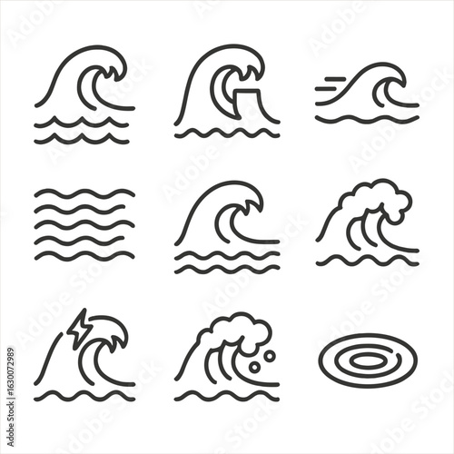 Wave Icon Set. Outline icon set of wave nature: tidal wave, tsunami wave, wind wave, water current, sea surge, wave crash, storm
