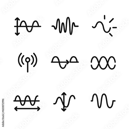 Wave Icon Set. Outline icon set of frequency and waves: electromagnetic wave, sound wave, light wave, radio wave, wave propagation