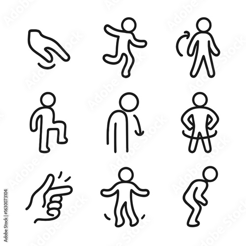 Leap Gesture Icons. Outline icon set of leap gestures: hand jump, foot leap, arm swing, leg lift, head nod, torso twist, finger