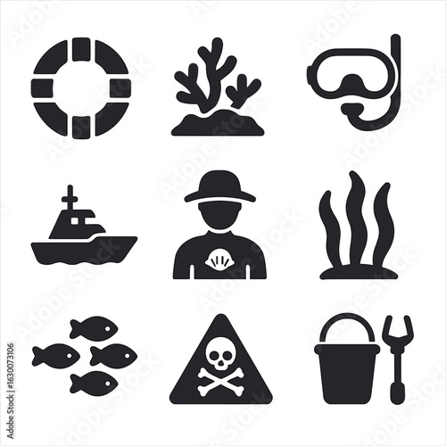 Ocean Conservation Icons. Solid, filled icons set of ocean conservation efforts: lifebuoy, barrier reef,