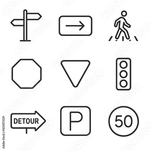 Wayfinding Icon Grid. Outline icon set of wayfinding signs: street sign, exit sign, pedestrian crossing, stop sign, yield sign,