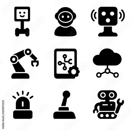Office and Factory Robotics. Solid, filled icons set of office and factory robotics: telepresence robot, AI