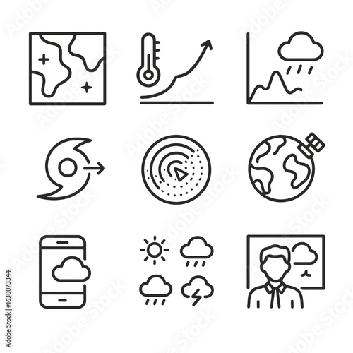 Weather Forecast Icons. Outline icon set of weather forecasting: weather map, temperature chart, precipitation forecast, storm