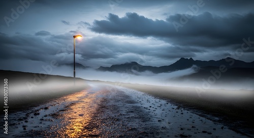Stormy Road with Illuminated Lamp and Mountain Silhouette