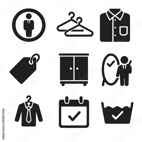 Office Dress Code Icons. Solid, filled icons set of office dress code symbols: dress code sign, hangers,