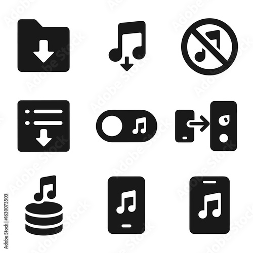 Offline Music Icons. Solid, filled icons set of offline music access: downloaded folder, saved track icon,