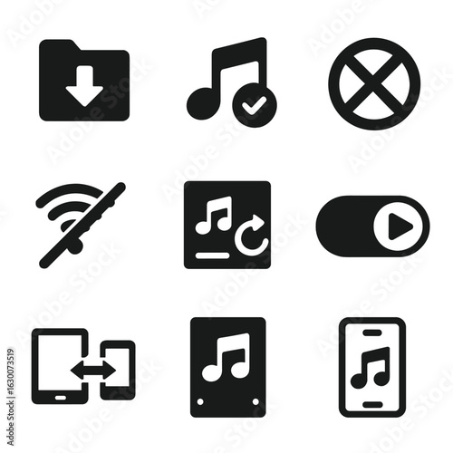 Offline Music Icons. Solid, filled icons set of offline music access: downloaded folder, saved track icon,