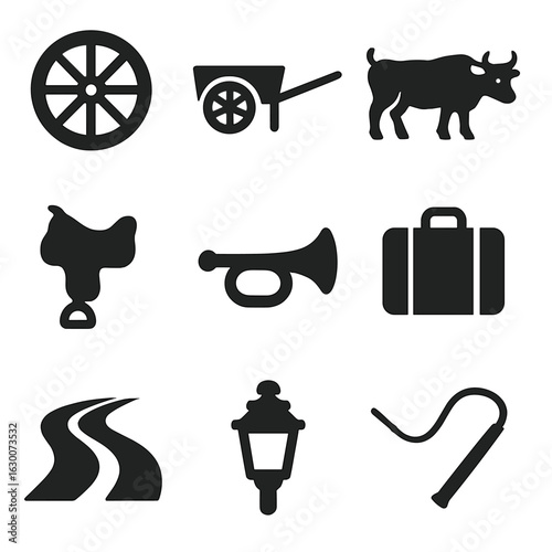 Old-Timey Vehicle Icons. Solid, filled icons set of old-timey vehicles: wagon wheel, wooden cart, oxen, horse
