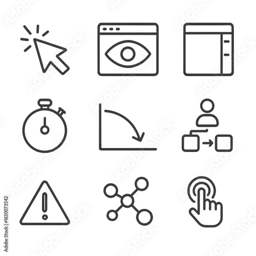 Online Activity Icons. Outline icon set of online activity indicators: click icon, page view, scroll bar,
