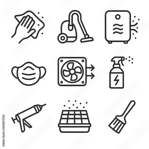 Dust Control Icons. Outline icon set of dust control methods: wet cloth, vacuum cleaner, air purifier, dust mask, ventilation
