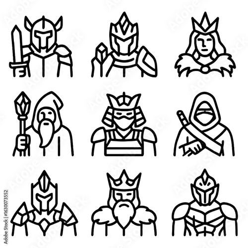 Legendary Ice Icons. Outline icon set of ice blade legendary figures: frost knight, glacier warrior, snow queen, ice mage, frozen