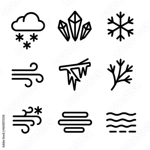 Weather Icon Set. Outline icon set of static weather phenomena: frost, ice crystals, snowflakes, cold air, frozen branch,